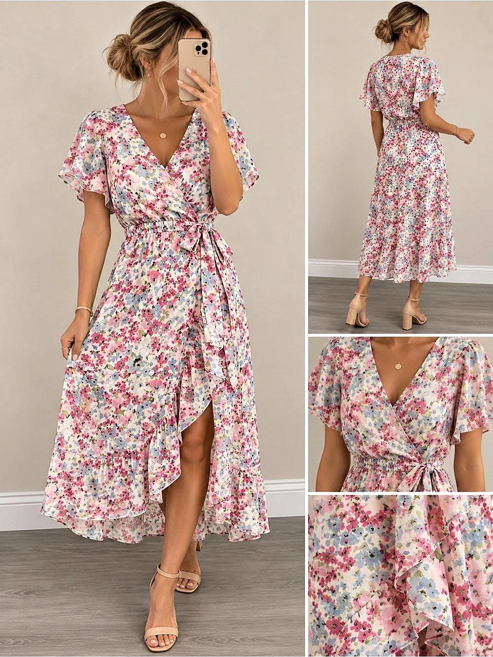 Floral Midi Dress in Pink & White Like New